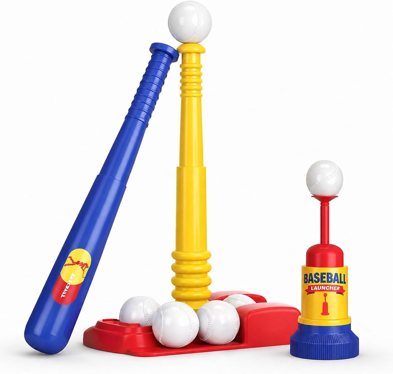 T Ball Stand for Kids and Toddlers 1-3, 3-5, 5-8. Baseball Set Includes 6 Large Balls, an Adjustable Tball Batting Tee, and a Pitching Machine. Kids Bat and Ball, T-Ball Sets for Kids