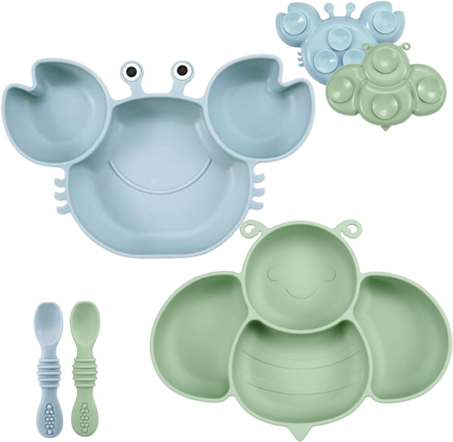 PandaEar 2 Pack Silicone Suction Plates for Baby, Divided Unbreakable Toddler Plate with 2 Pack Spoons for Self Feeding, Babies Utensils Feeding Set Baby Eating Supplies, Crab & Bee Shape -Blue&Green
