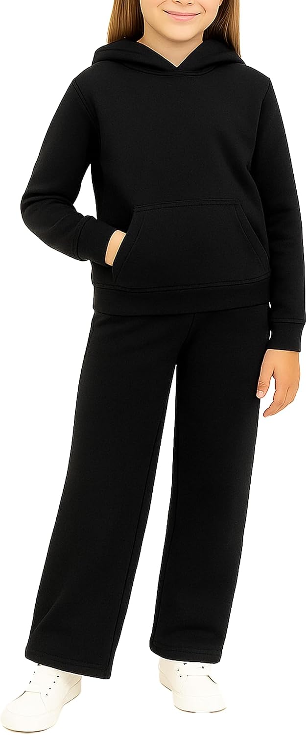 Girls Tracksuit Set – 2 Piece Cozy Pullover Hoodie and Soft Fleece Wide Leg Sweatpants for Girls