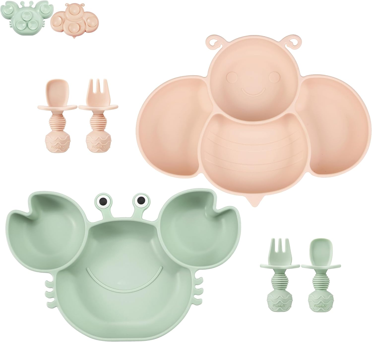 PandaEar 2-Pack Silicone Suction Plates for Toddlers, Divided, Crab and Bee | BPA, PVC and phthalate free, unbreakable, includes 2 spoons and 2 forks, oven and freezer safe, for baby self-feeding