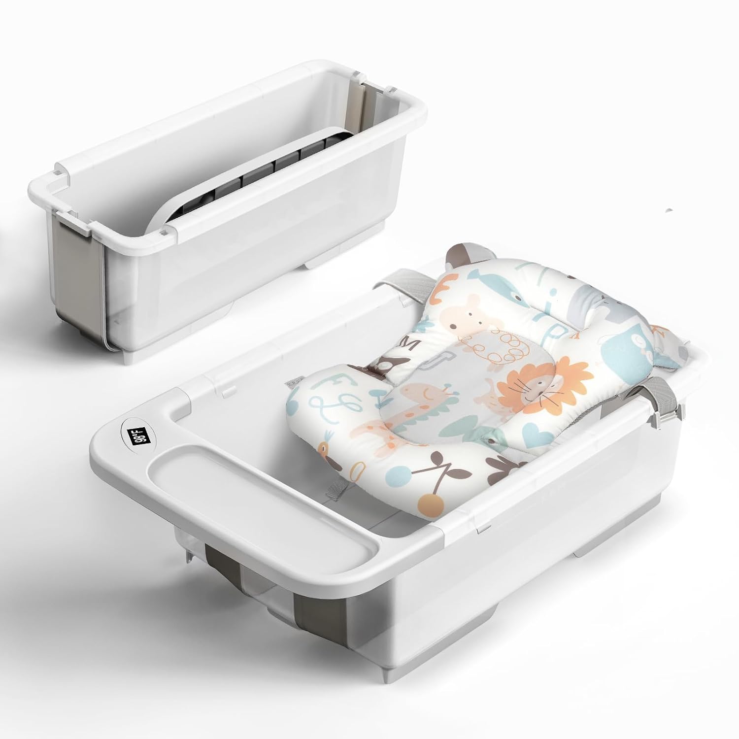 Collapsible Baby Bathtub – Large Capacity Baby Bath Tub with Thermometer & Soft Cushion | Portable Travel Newborn Infant Bathtub | Foldable Toddler Bathtub for Baby 0 to 36 Month, no stand, Light Grey