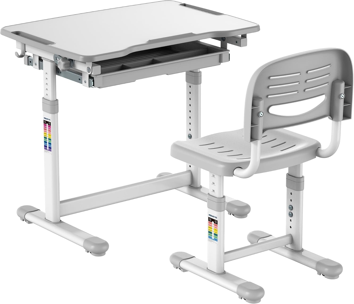 Mount-It! Kids Desk and Chair Set Height Adjustable up to 30″ Ergonomic for School – Table and Chairs for Student 26″ x 18″ Tabletop with Pencil Drawer, 3-10 Age Children, Grey