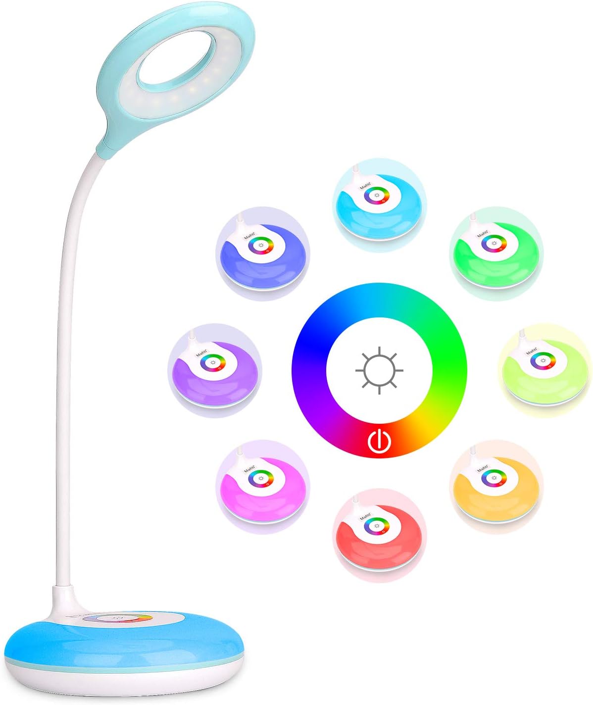 mafiti LED Desk Lamp Cordless Rechargeable Battery Operated Table Light Adjustable Gooseneck Dimmable Touch Control Color Changing RGB Eye-Caring Base Night Light for Kids with USB Charging Cable
