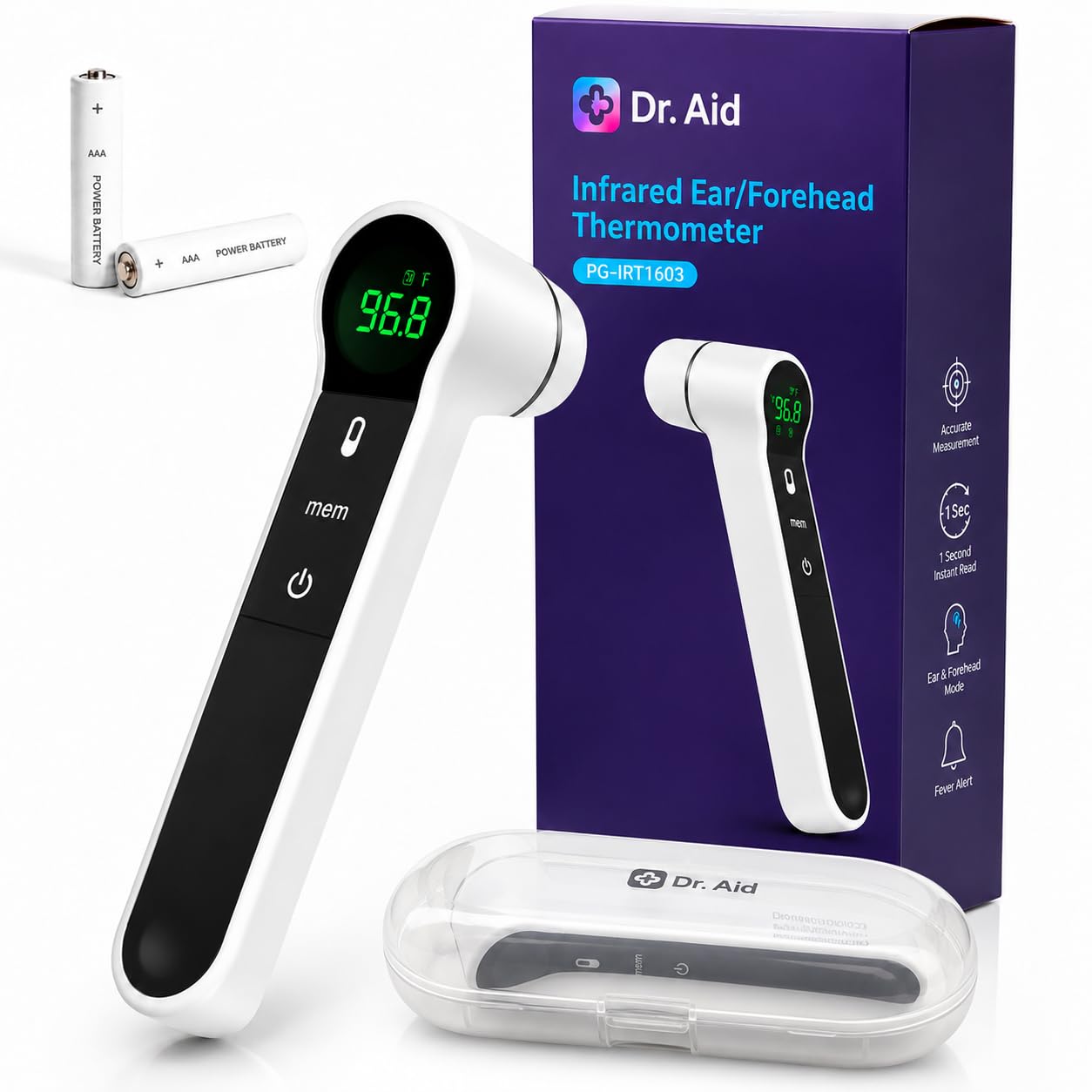 Dr. Aid No-Touch Ear & Forehead Thermometer, Infrared Digital,4 Color-Coded | No-Touch Infrared Sensor, Color-Coded Fever Indicator, Fast Reading