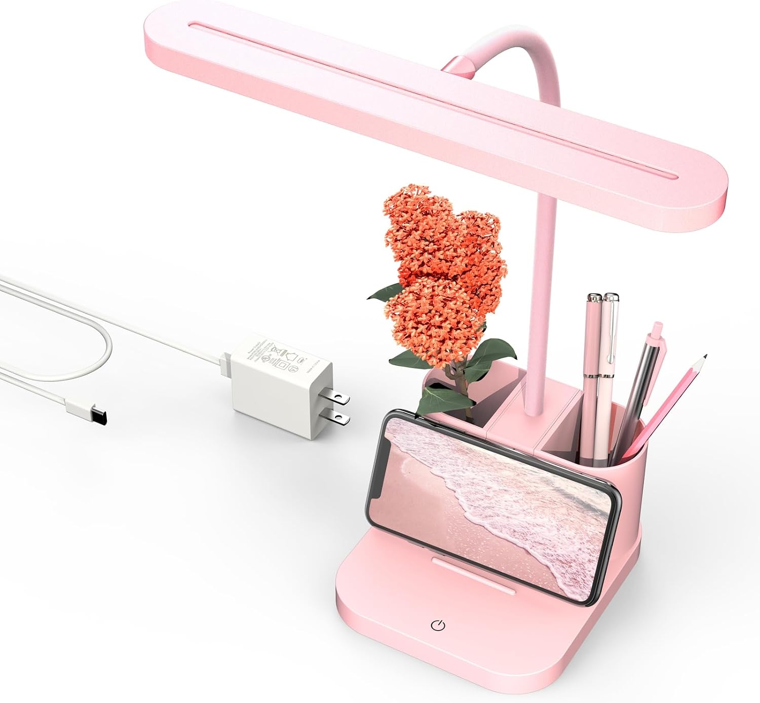 Pink Desk Lamp for Teen Girls, College Dorm Room Cute Table Light | Home Office Bedroom Essentials, Kawaii, Dimmable LED, Flexible Gooseneck, Pen Holder, Touch Control, for Kids Adults