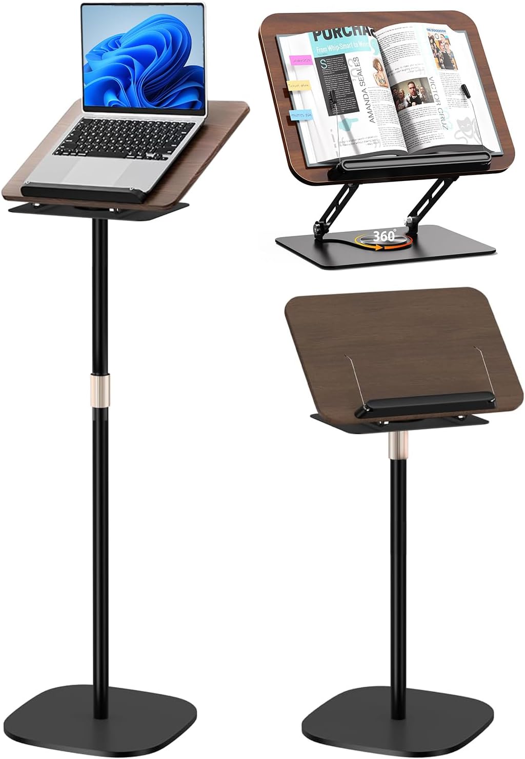2-in-1 Adjustable Floor & Desktop Music Book Stand, Black | Detachable Reading Holder, Height 36″-62″, 360° Rotating, For Music, Laptop, Cookbook