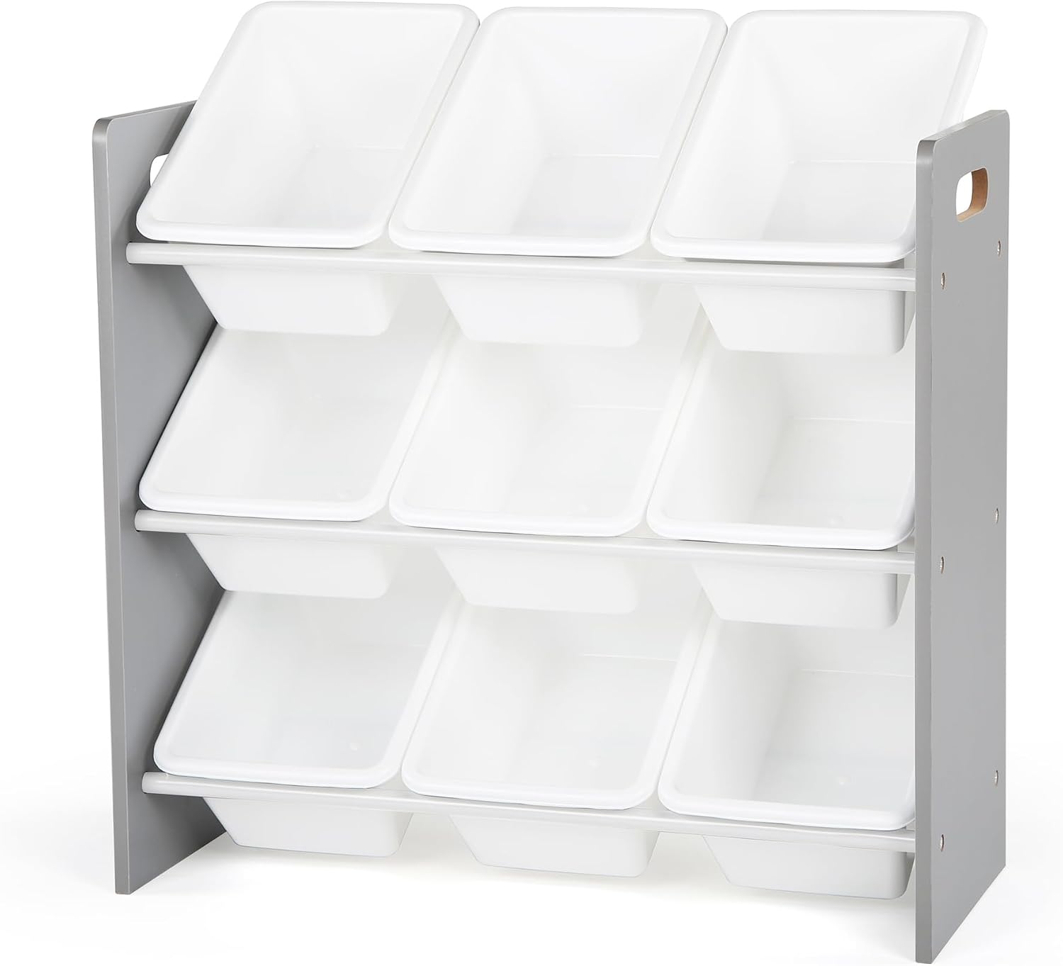 Humble Crew Kids Toy Organizer with 9 Bins, 3 Tier Storage for Playroom | Sturdy wood and steel toddler shelf, removable BPA-free containers, wall anchor anti-tip safety kit for bedroom or classroom