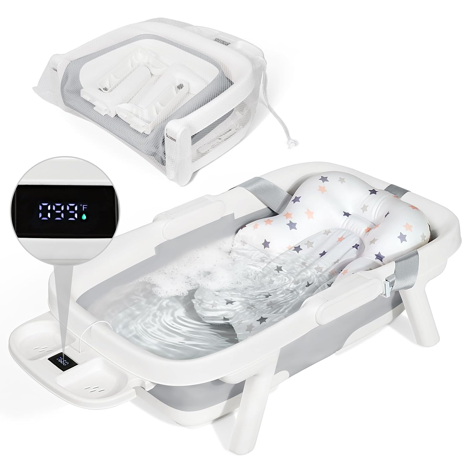 Orzbow Collapsible Baby Bathtub with Cushion & Thermometer, Large Size,Gray | Portable Travel Baby Bath Tub for for Newborn to Toddler 0-36 Months, 28×16.9 inches, Foldable for Space-Saving