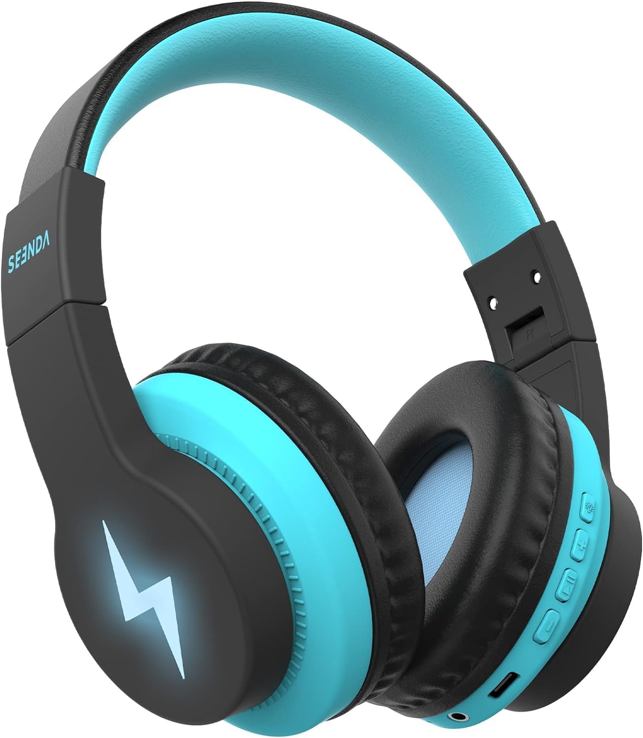 seenda JCH-01 Kids Bluetooth Headphones, 85/94dB, 3 Light Modes,Black&Blue | 75H playtime, soft padded fit, mic & AUX cord, stickers & doodle fun kids love; Wireess Headphones for school, travel, iPad.