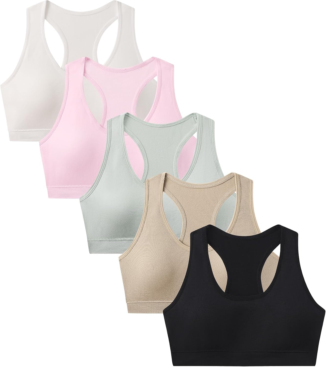 Suekaphin Girls Training Bra Supportive Seamless Sports Bras for Teens Girls with Racerback Removable Pads Pack of 5