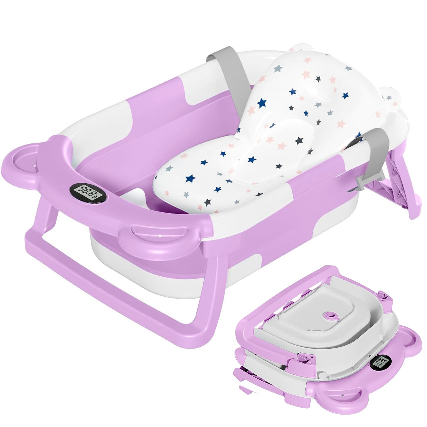 TPN Collapsible Baby Bathtub, Baby Bath Tub with Soft Cushion & Real-Time Thermometer, Baby Bathtub Infant to Toddler Tub (0-36 Months), Portable Newborn Travel Bath Tub