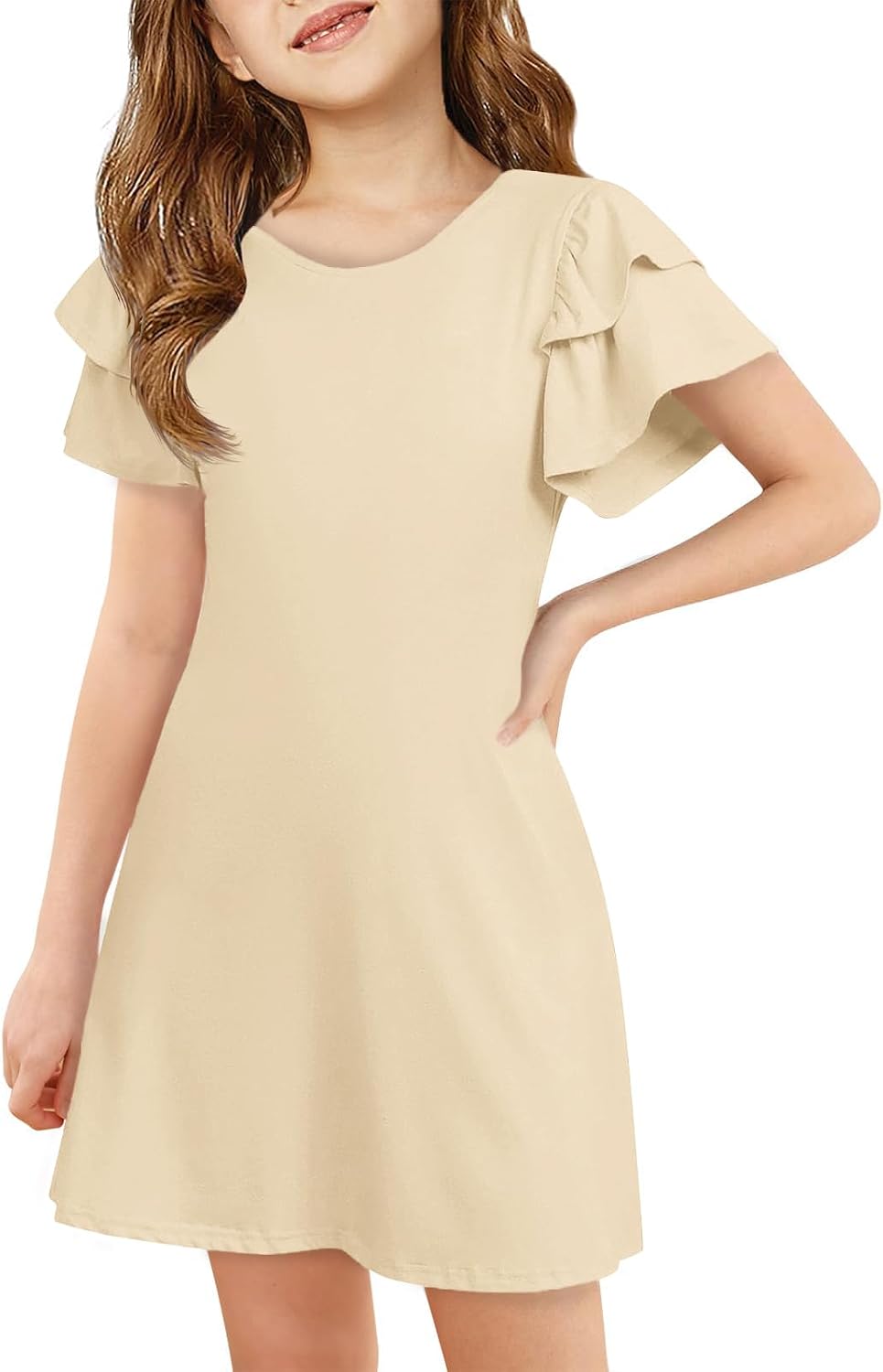 ZDC Girls Ruffle Sleeve Casual Dresses Summer Kids A Line Skater Dress 5-14 Years