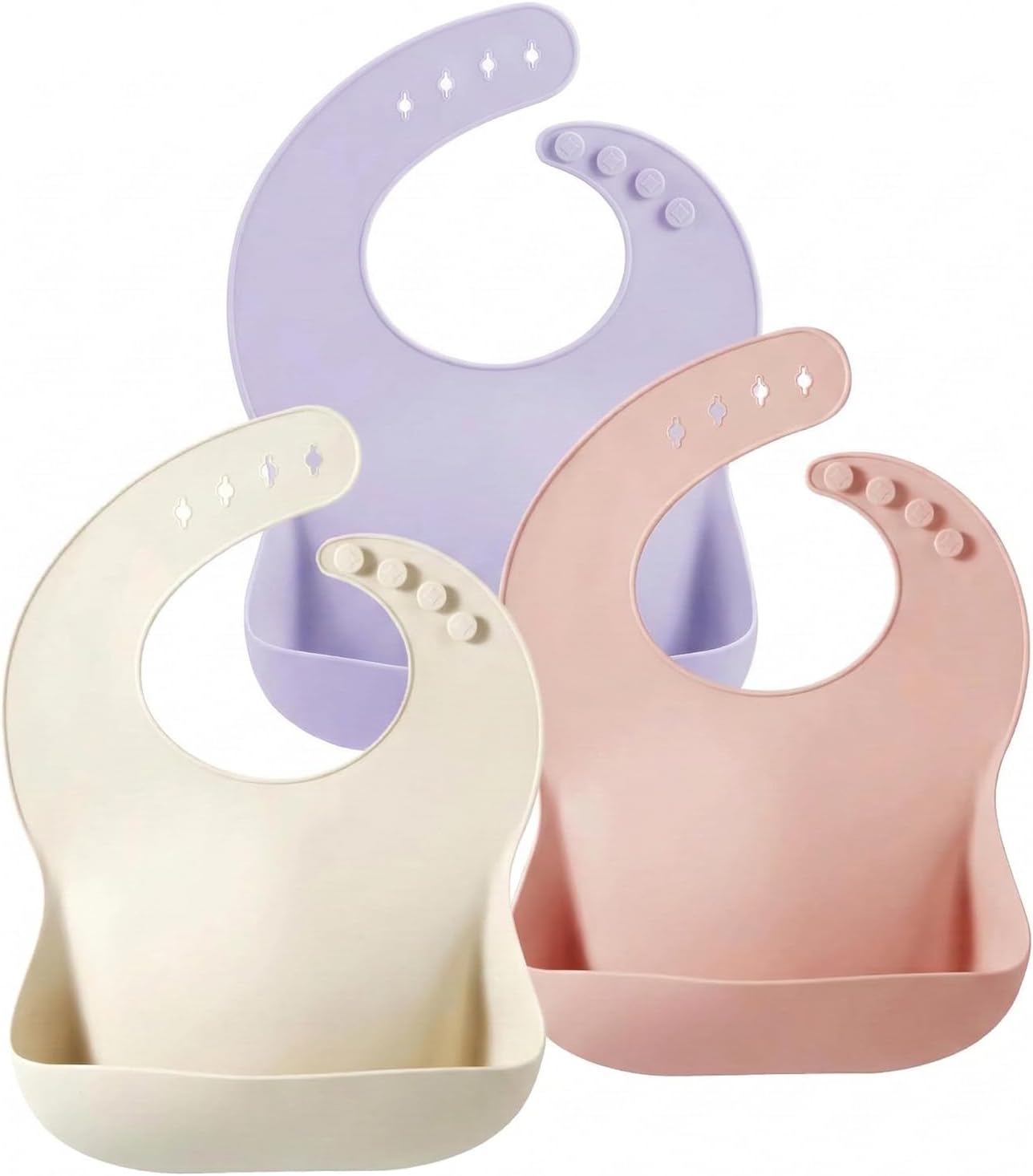 PandaEar Set of 3 Silicone Baby Bibs Waterproof, Soft, Unisex, 10-72 Months (Pink/Purple/Linen)