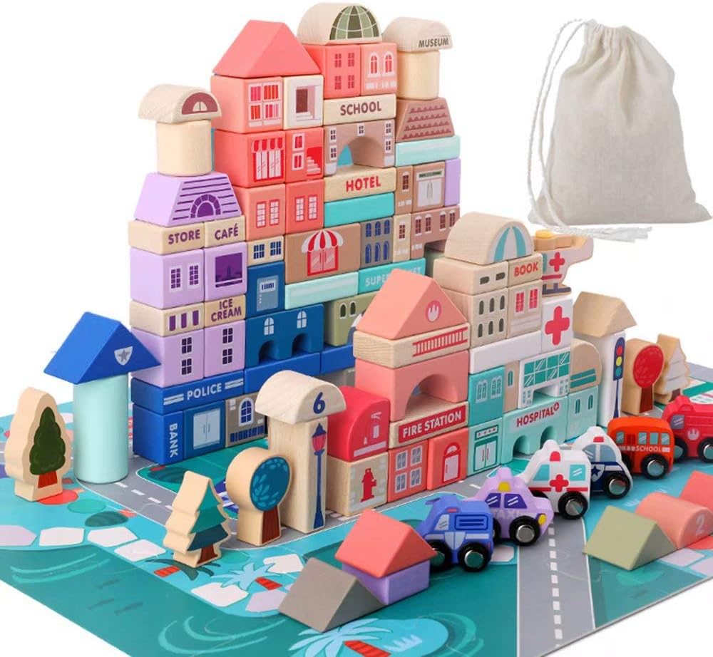 Migargle Wooden Building Blocks Set, 115 Pcs City Construction Stacker Stacking Preschool Learning Educational Toys, Toddler Toys for 3+ Year Old Boy and Girl Gifts