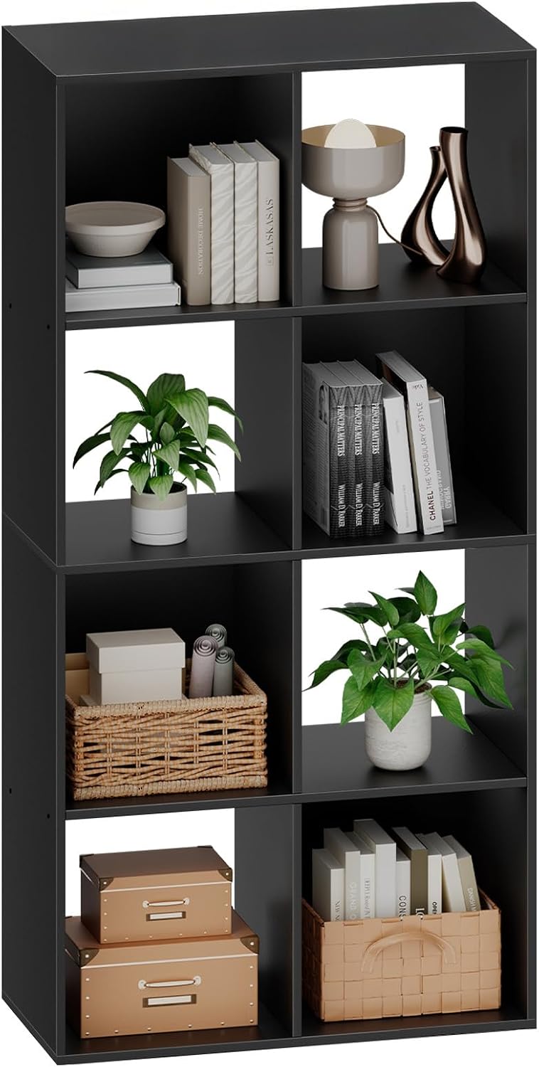 Sweetcrispy 8 Cube Storage Organizer, Stackable Modular Bookcase Shelf | Vertical or Horizontal Use, Fits 11×11″ Bins, Removable Back Panels, for Living Room, Office, Entrance Black Wood