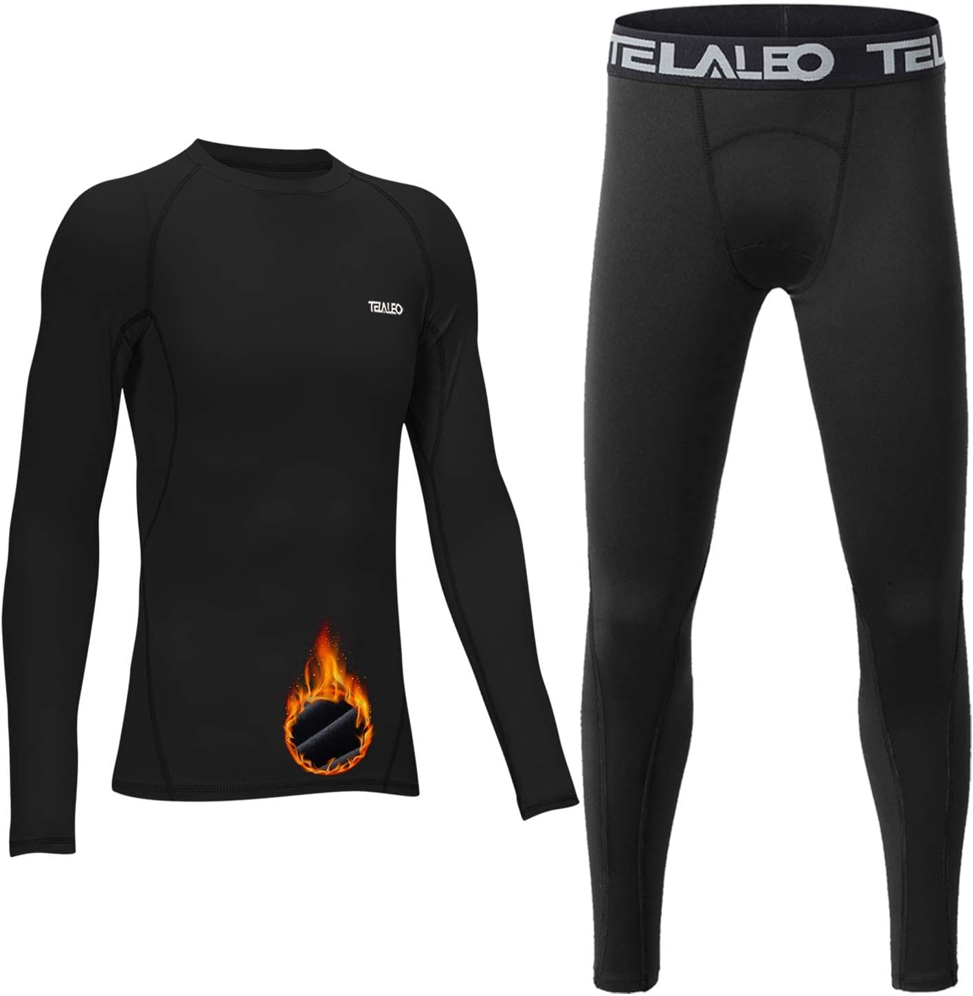 TELALEO Boys Thermal Set Fleece Lined Youth Compression Shirt Pants | Fleece lined thermal underwear for kids; youth athletic baselayer set for football, long johns and cold weather leggings