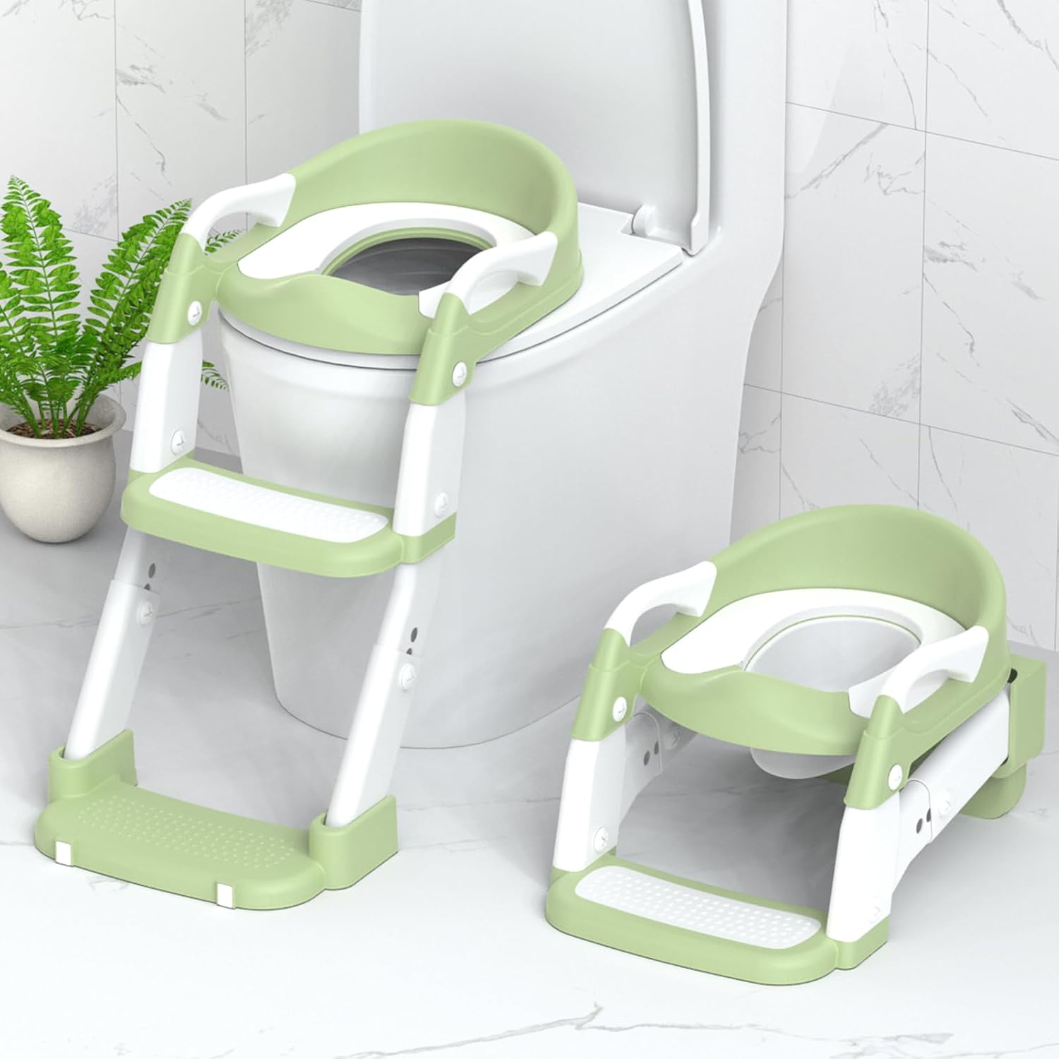 Potty Training Seat, Toddler Potty Training Toilet with Step Stool Ladder for Kids Boys Girls, 3 in 1 Foldable Toilet Seat Potty Chair with Urinals, Splash Guard, Handles, Anti-Slip Pad,Green