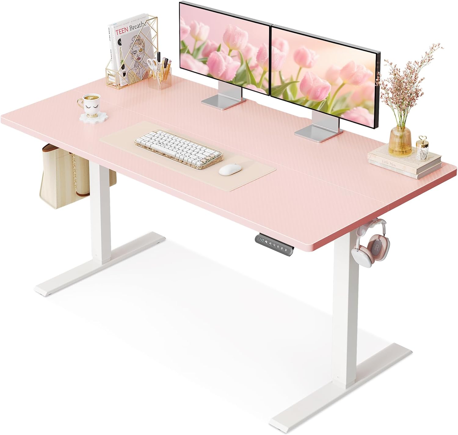 48″ Pink Electric Standing Desk Height Adjustable for Home Office | 3 Memory Presets, Rear Cable Notch, Dual Side Hooks, Stand Up Desk for Bedroom, Study room, Home Office and Vanity Space