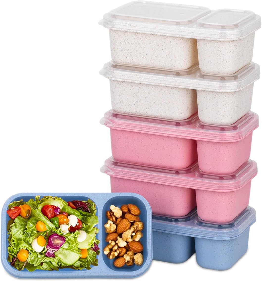 DOSEWART 6Pack 2-Compartment Reusable Snack Containers with Lids | Wheat Straw Reusable Snack Packs for Meal Prep Food Storage On-the-Go Snacking