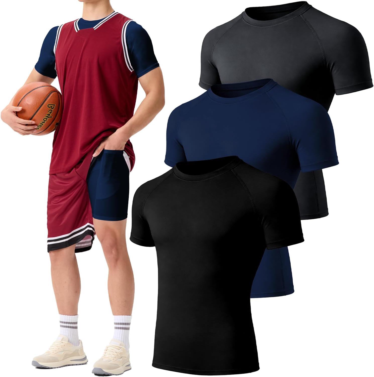 3 Pack Boys’ Quick Dry Compression T-Shirts Short Sleeve, Kids Athletic Sports Base Layer Undershirts
