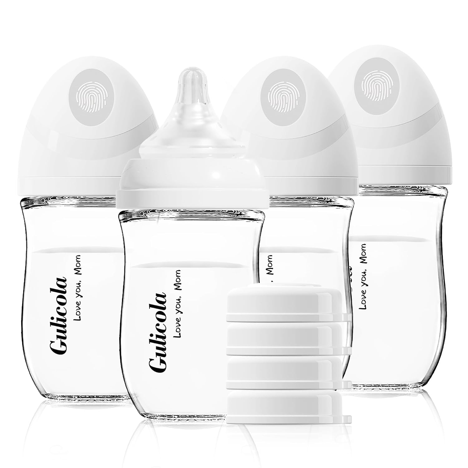 Gulicola Natural Glass Baby Bottle 4 Pack, Newborn Breastfeeding Bottles Set, Extra Slow Flow Nipples (SS), Anti Colic, 0 Months+, 5 oz – White
