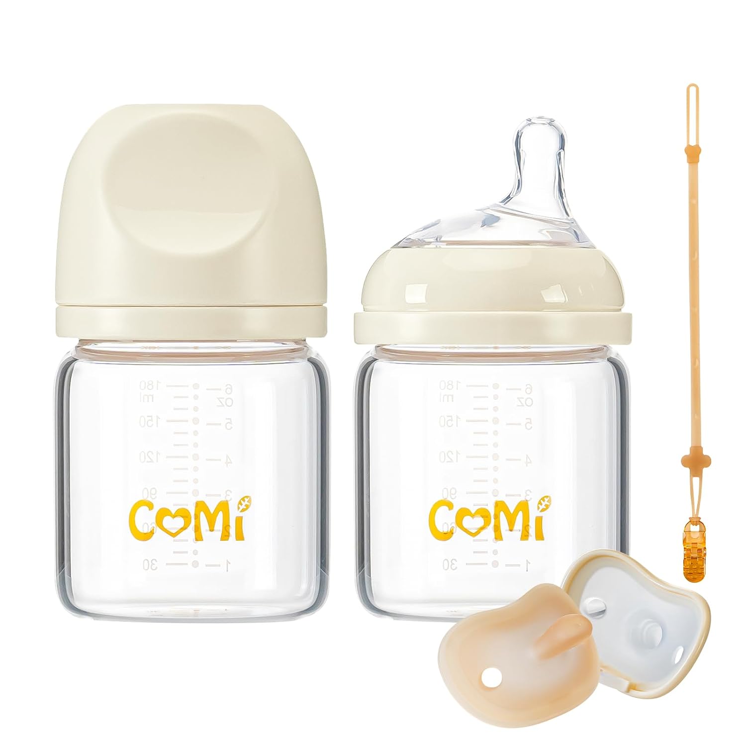 COMI Natural Glass Baby Bottles for Breastfeeding Babies,Newborn Anti-Colic Baby Bottle Set with Slow Flow Nipple,0-3 Months,BPA-Free,6 oz,2 Pack