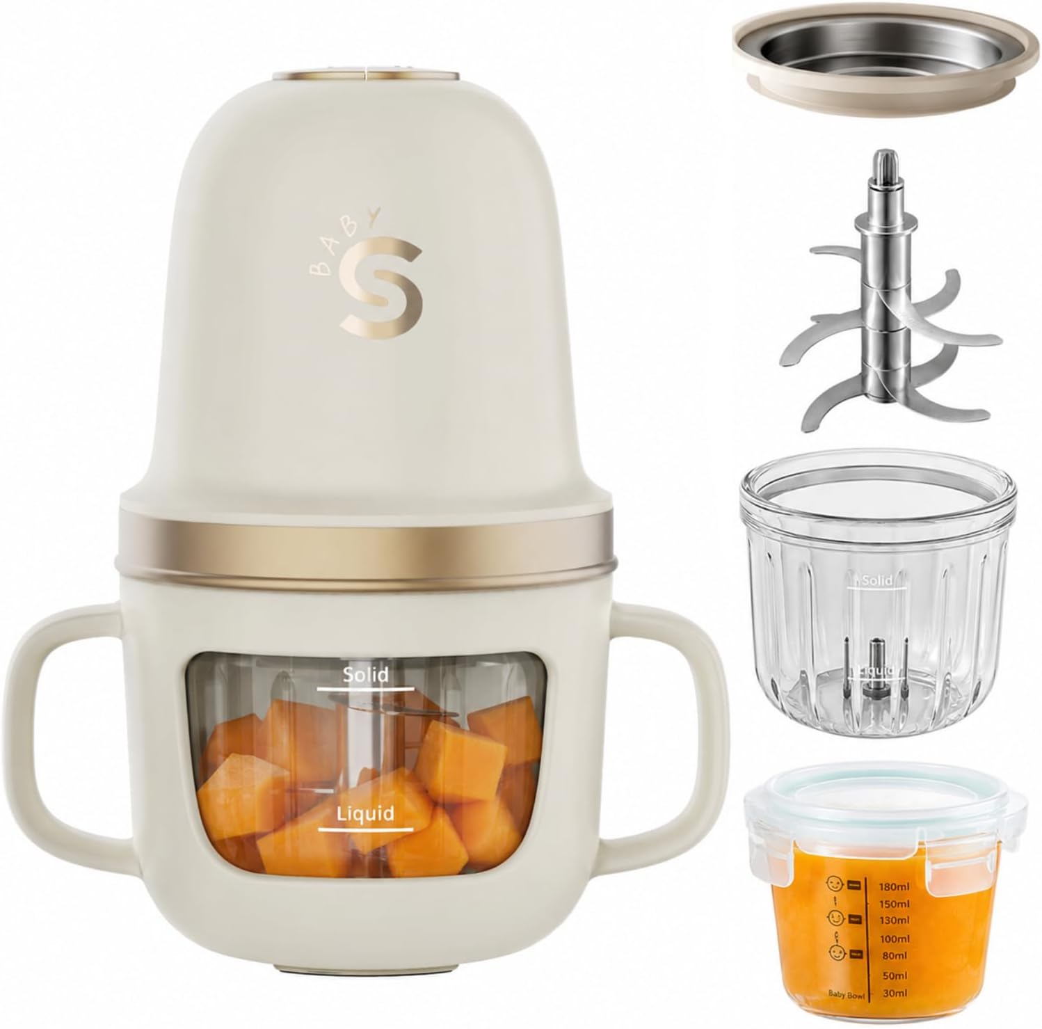 SosekiBaby Solo Baby Food Maker Glass Puree Blender & Mini Food Processor | 316L Stainless Steel Blades, 2-Speed Control | BPA-Free 10oz Homemade Baby Food Grinder for Fruit, Vegetable & Meat, Ivory