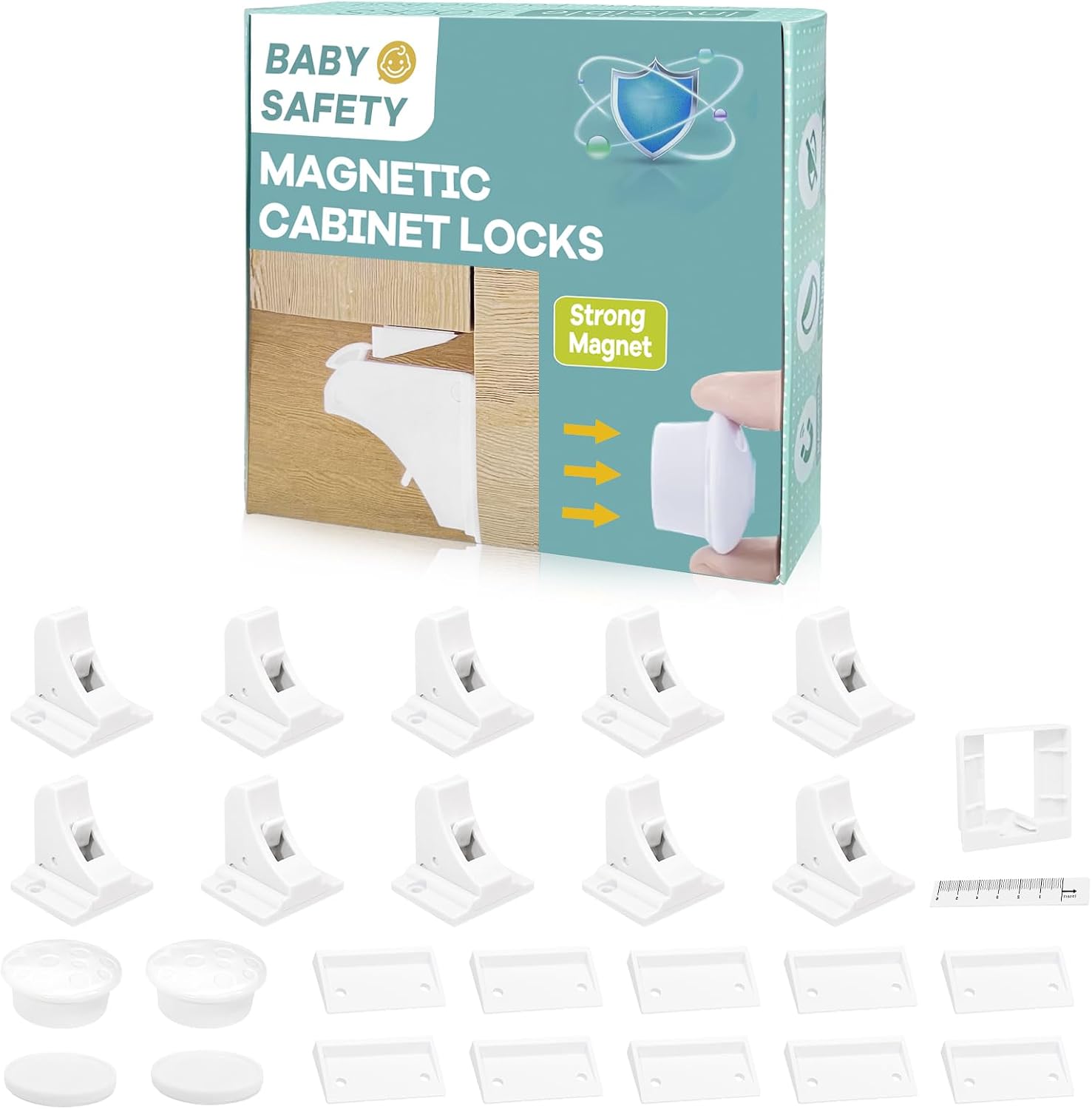 10-Pack Magnetic Cabinet Locks, Baby Proofing, 2 Keys | magnetic child safety locks + 2 keys. 3M adhesive, no drill. Fits 2″ cabinets. 25-30 lbs pull force. Pet & toddler proof.