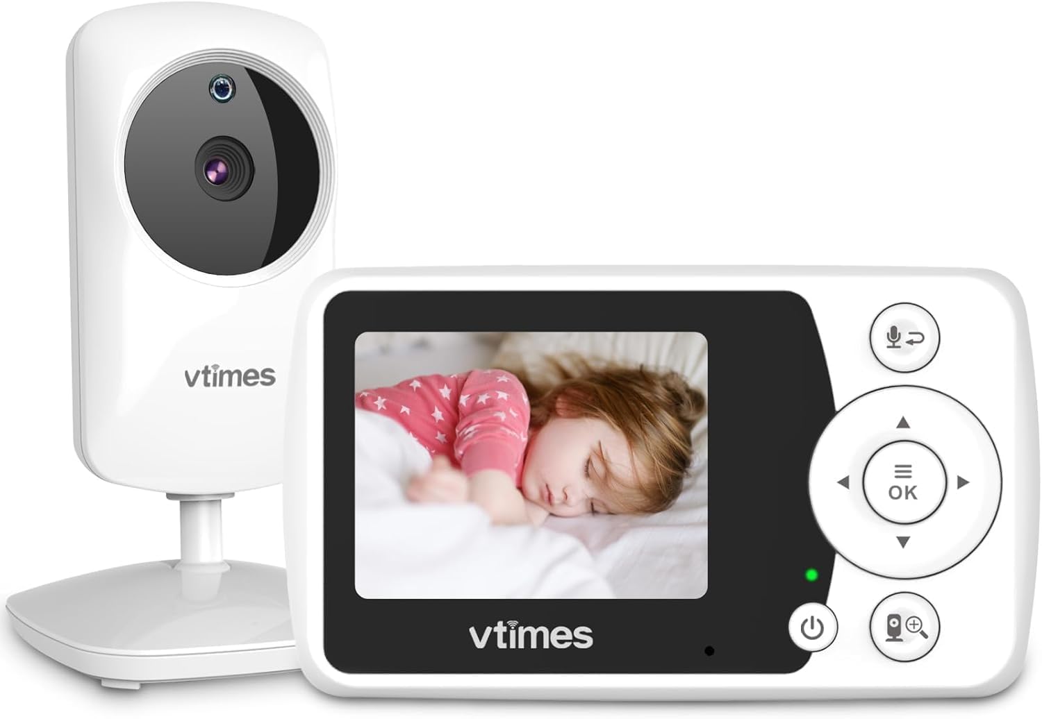 VTimes Baby Monitor with Camera and Audio, No WiFi, 2.4″ LCD Screen, Two-Way Talk, Portable, Night Vision, 1000ft Range, Temperature Sensor, Alarm and Lullaby, for Baby Shower