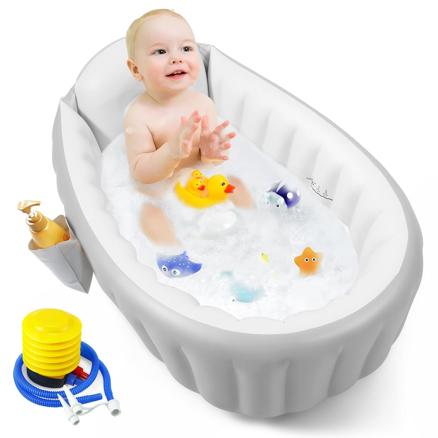 PandaEar Inflatable Baby Bathtub with Air Pump, Non-Slip Soft Cushion Bathing Tub for Toddlers & Infants (0-36 Months), Collapsible Travel-Friendly Blow Up Pool with Side Pocket & Backrest (Gray)