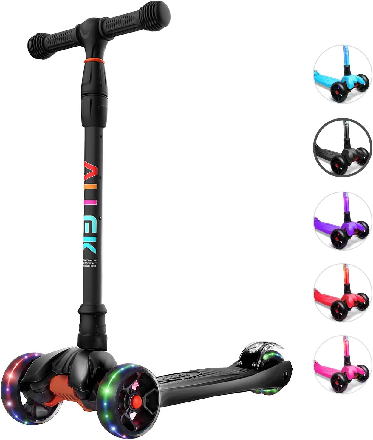 Allek Kick Scooter B02, Lean ‘N Glide Scooter with Extra Wide PU Light-Up Wheels and 4 Adjustable Heights for Children from 3-12yrs (Black)
