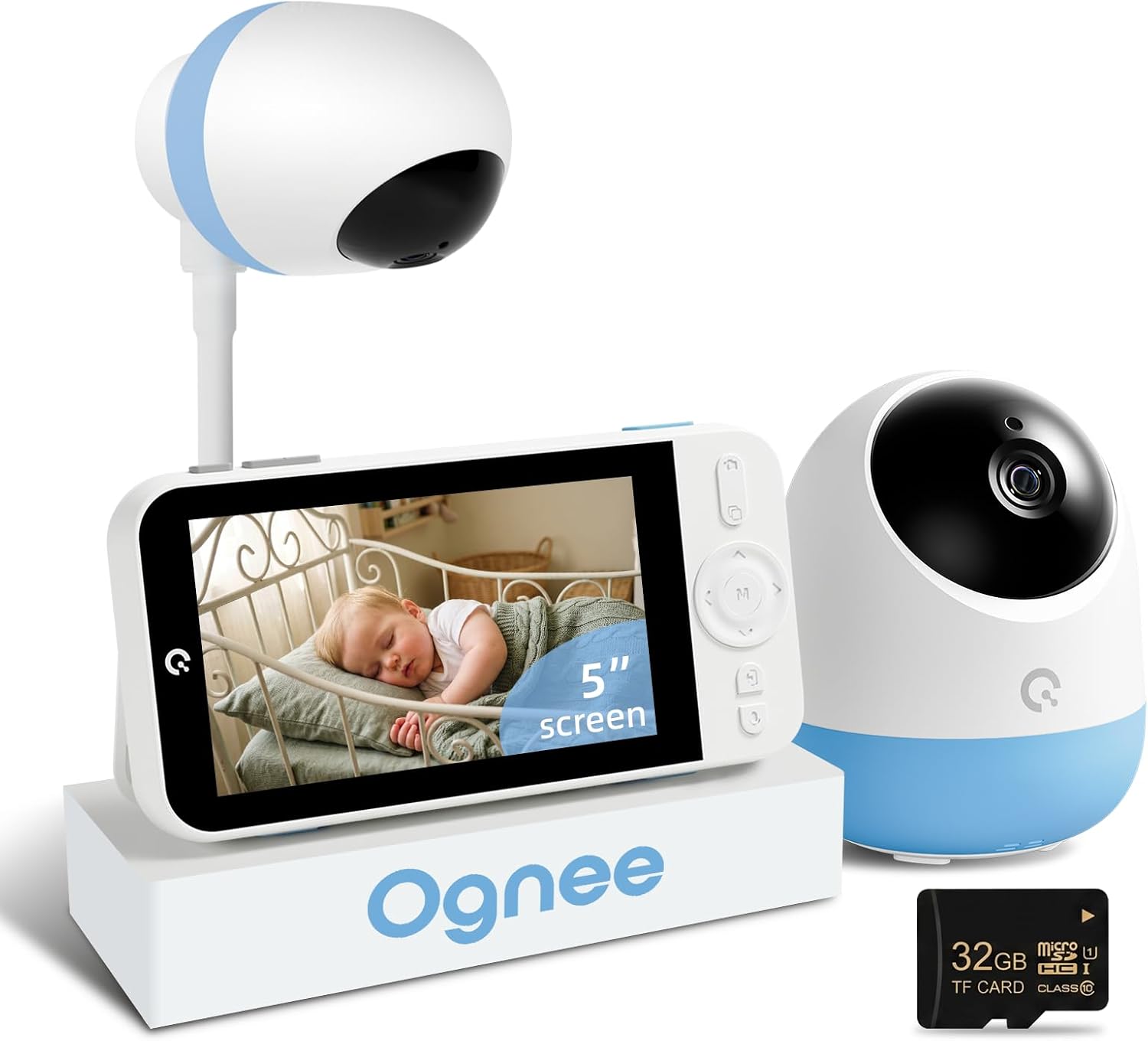 Ognee Baby Monitor with Camera and Audio, 24h Recording Playback 32GB | Crib Mount, 5″ IPS 2K Display, 32GB SD Card, Remote Pan-Tilt-Zoom, 2-Way Talk, No WiFi, Night Vision, Safety Zone Alert