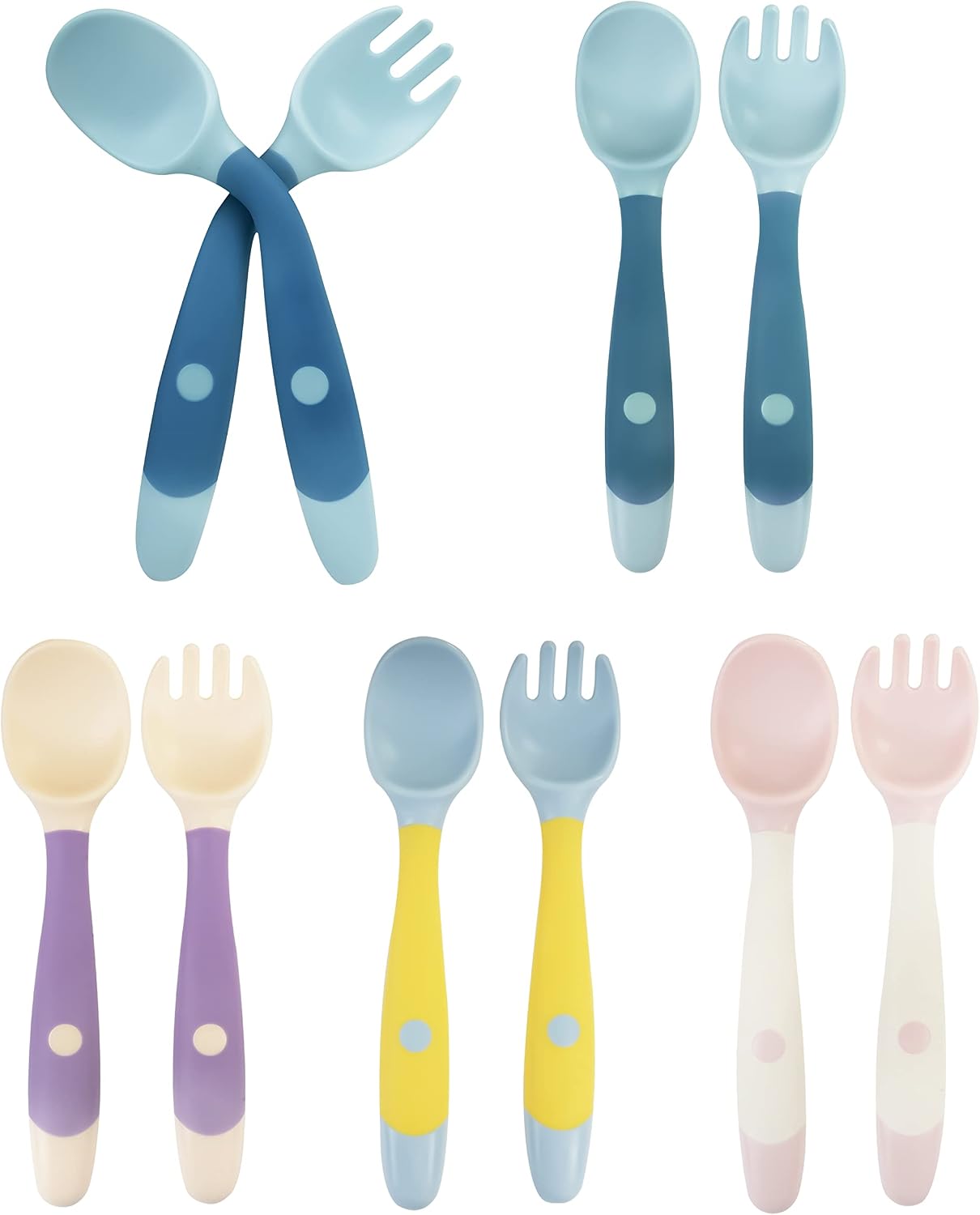 10 Pcs Toddler Utensils, Spoons and Forks Set with Bendable Handle, 5 Forks and 5 Spoons, Baby Feeding Set for Self Feeding