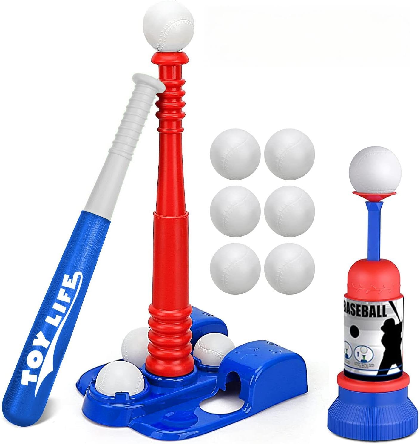 TOY Life Tball Set with Ball Launcher, Toddler Baseball Tee Ages 3-8, Blue | kids pitching machine mode, height adjustable, oversized bat, 6 balls, wall-hang storage, gift boys girls 3-8