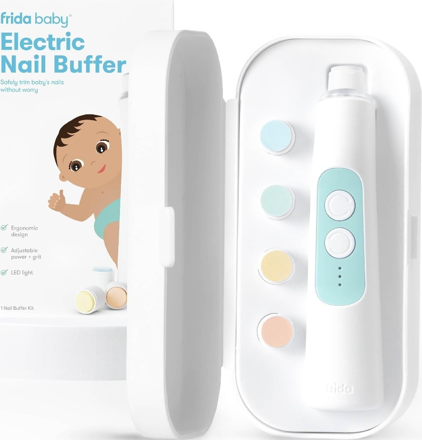 Frida Baby Electric Nail Buffer, Safe Baby Nail File & Trimmer Kit, White | For Newborn & Toddler Fingernails and Toenails, 4 Buffer Pads, LED Light, Storage Case, White