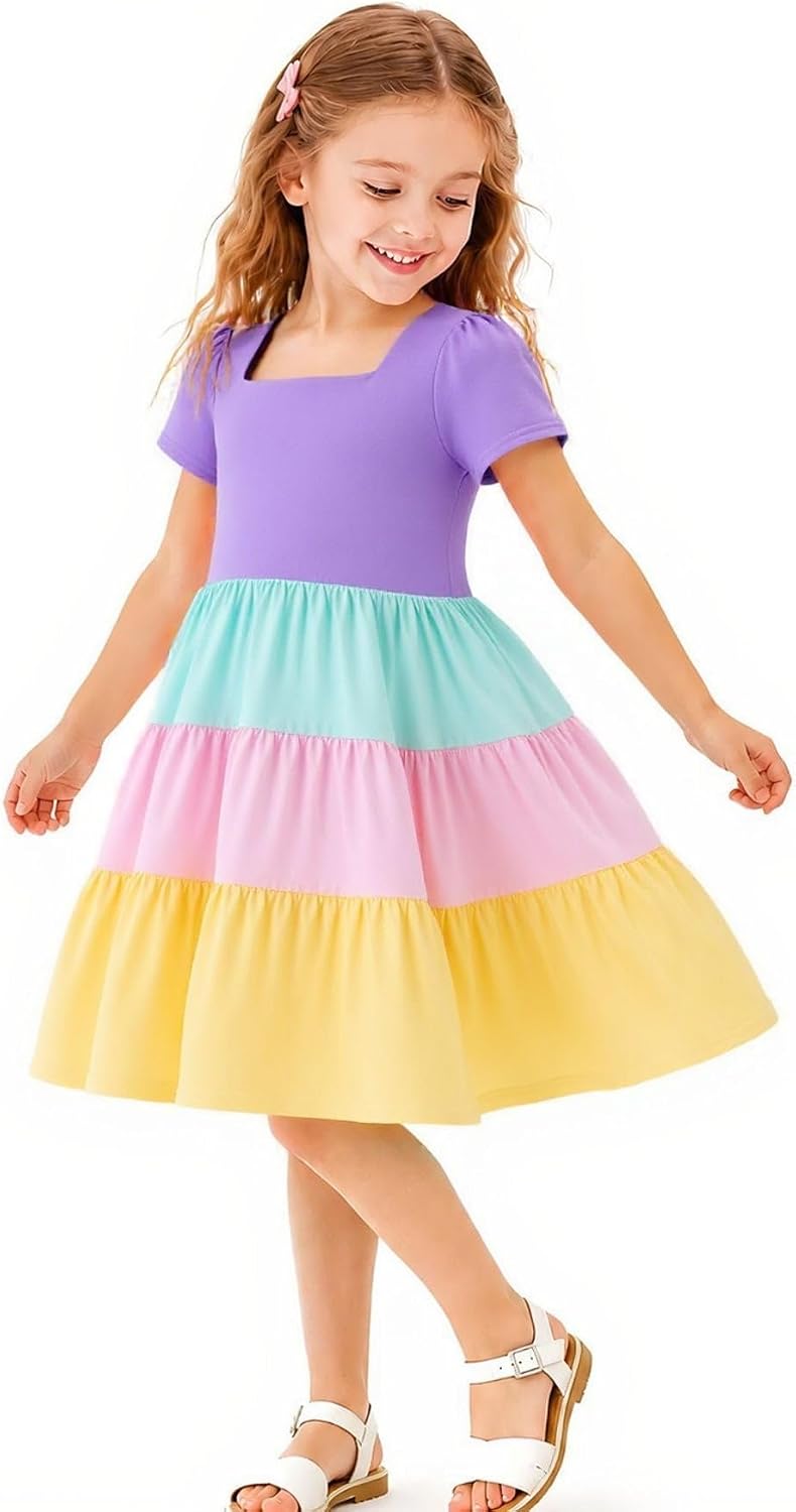 HILEELANG Girls Dress Colorblock Tiered Lightweight Soft Cotton Spring Summer Twirl Dress for Toddler Little Girls 2-8Y