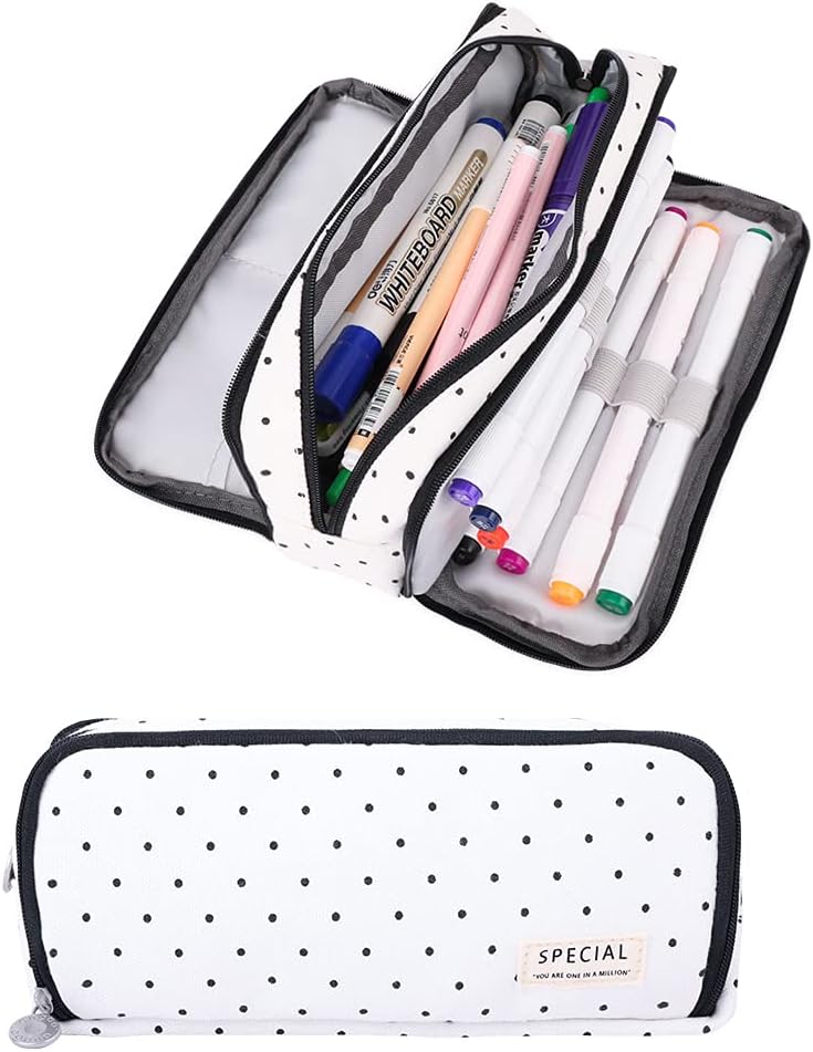 iSuperb Large Pencil Case Big Capacity Pencil Pouch 3 Compartments Pen Bag Canvas Marker Pen Bag for Teen Boys Girls School Students (Black Polka Dot)