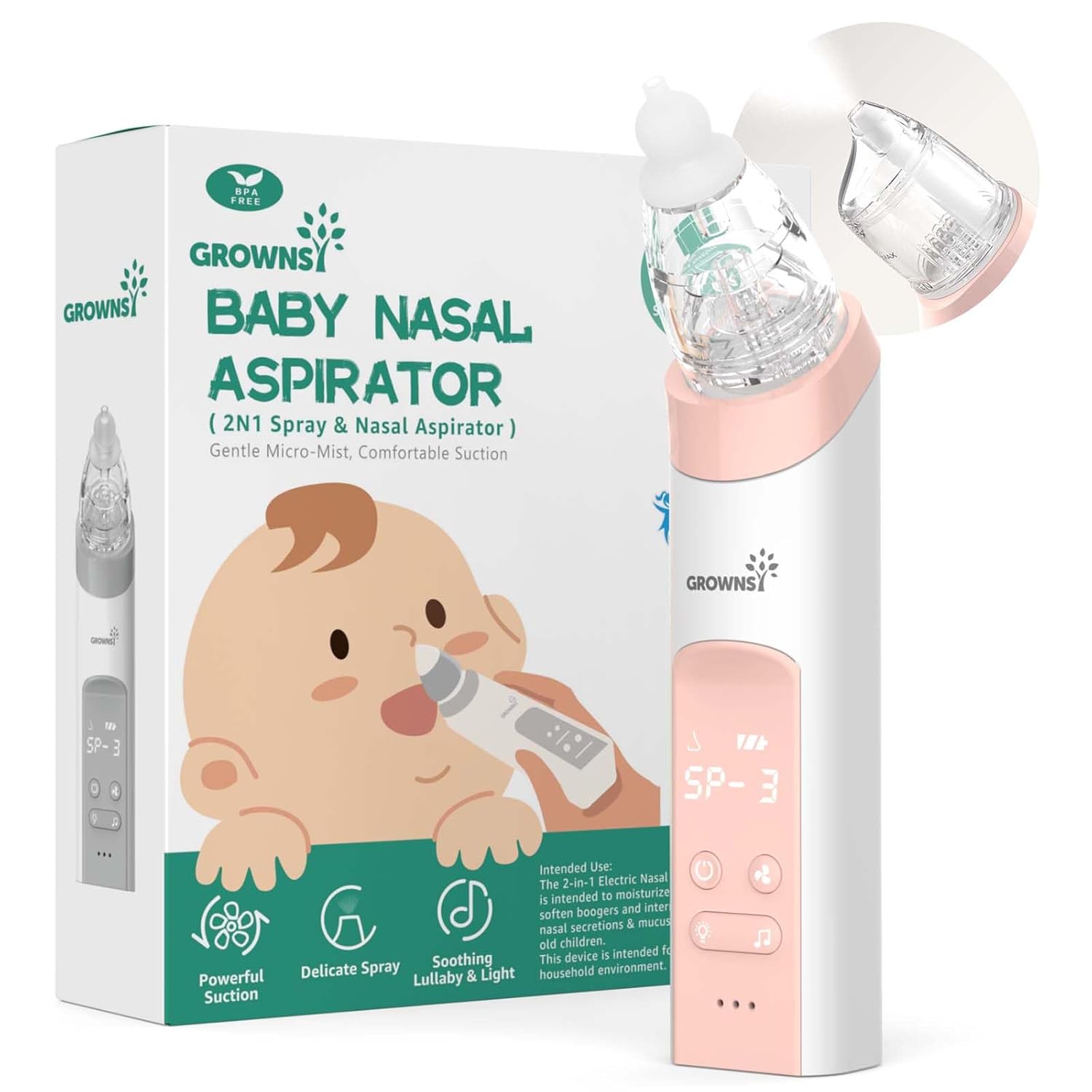 GROWNSY 2-in-1 Baby Nasal Aspirator, Electric Nose Spray & Suction, Pink | Strong Suction Clears Nose, Gentle Spray Soothes Dry Passages, Music & Light Calm Babies, Safe Nose Sucker for Infants