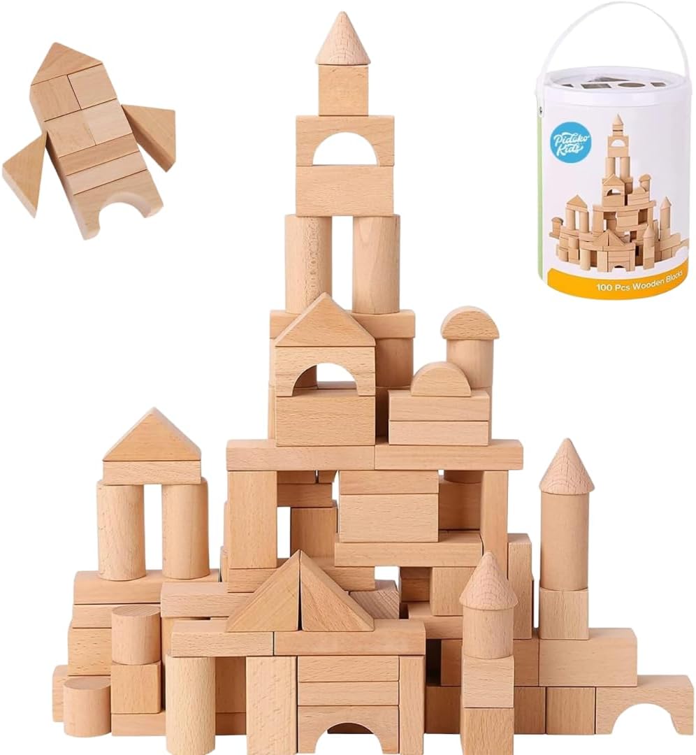 100 Pcs Wooden Blocks for Toddlers 1-3 Building Blocks for Kids | Storage Container with Shape Sorter Lid – Natural Beech Wood Blocks – Preschool Learning Toys Stacking Block