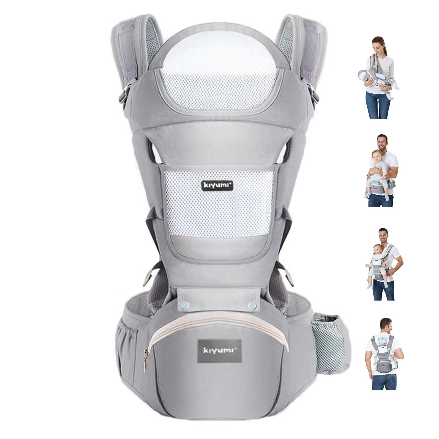 KIYUMI 6-in-1 Baby Carrier Newborn to Toddler with Hip Seat Ergonomic | M Position, Head Support and Breathable Mesh,Adjustable Removable Baby Sling Carrier (7-45 lbs)Grey