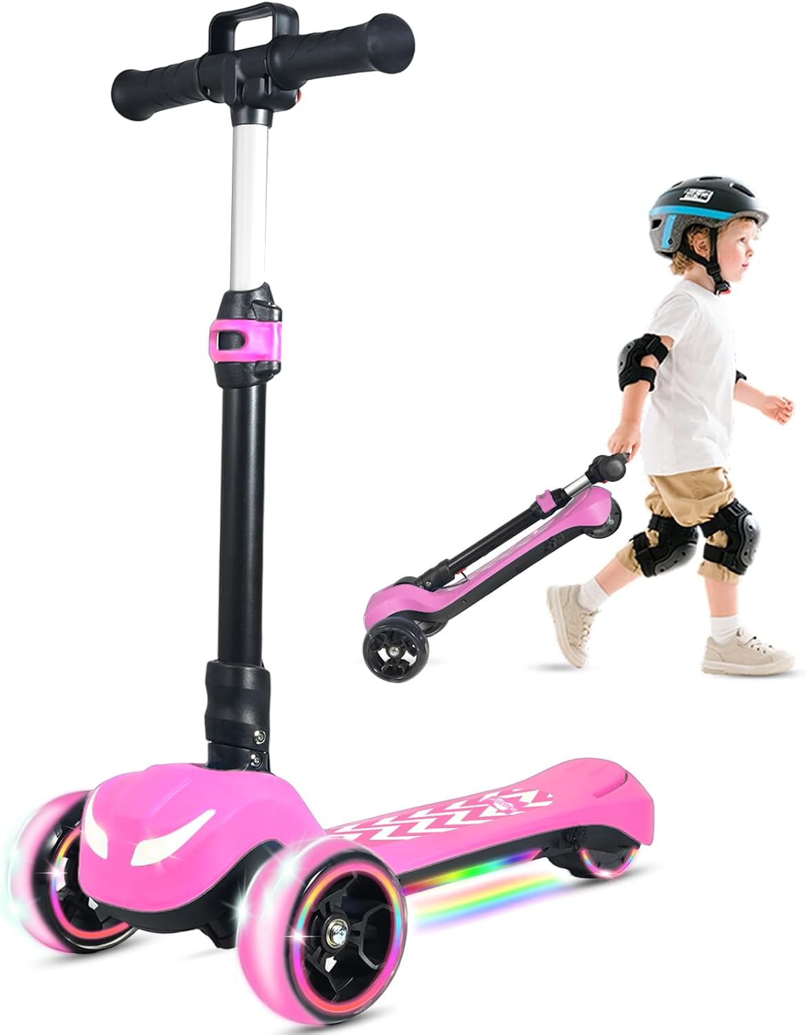 Electric Scooter for Kids Ages 3-12, 3 Adjustable Heights, 5MPH Safe Speed | Full Body Lights Up, Wide Deck, 90min Riding, Foldable 3 Wheel Electric Scooter for Kids Boys Girls Toddler Birthday
