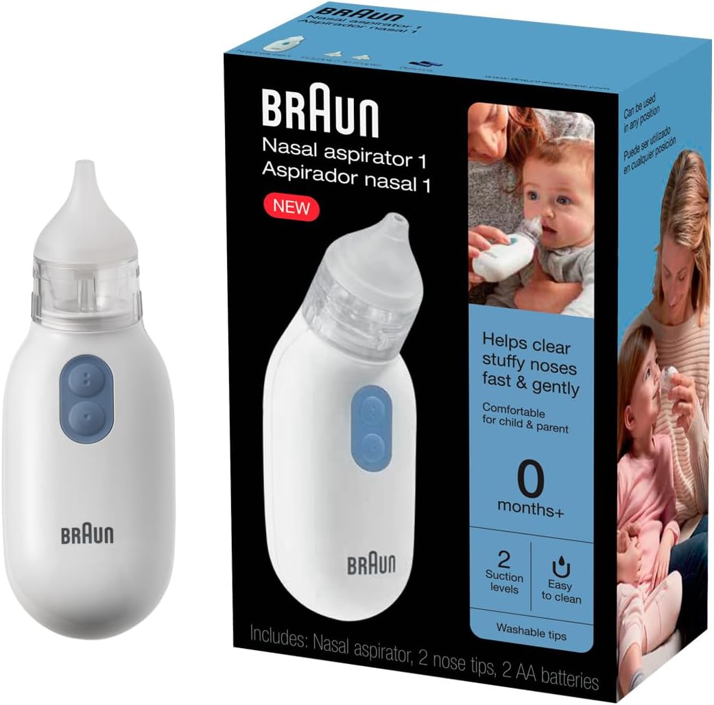 Braun Electric Nasal Aspirator, Blocked Nose Relief for Newborn and Toddler | Mucus Remover, Electric Suction Power, 2 Suction Levels, 2 Nose Tip Sizes, Dishwasher Safe, FSA and HSA Eligible
