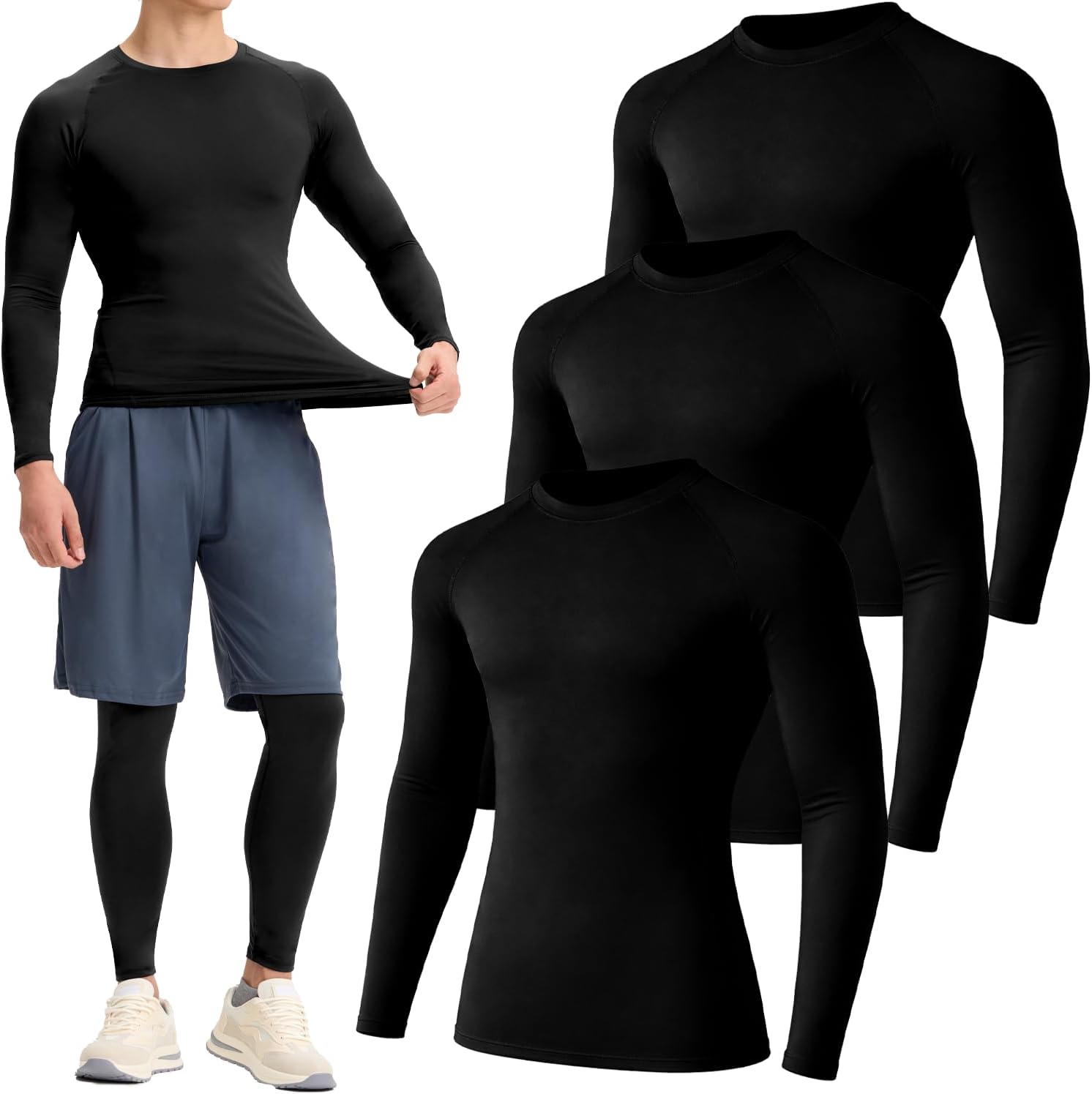 3 Pack Youth Boys Quick Dry Compression T Shirts, Kids Athletic Base Layers | Machine Wash, Holds shape, Taped Neck, Long Sleeve, Moisture Wicking, Ergonomic Flatlock Seams, 4-Way Stretch, Lightweight