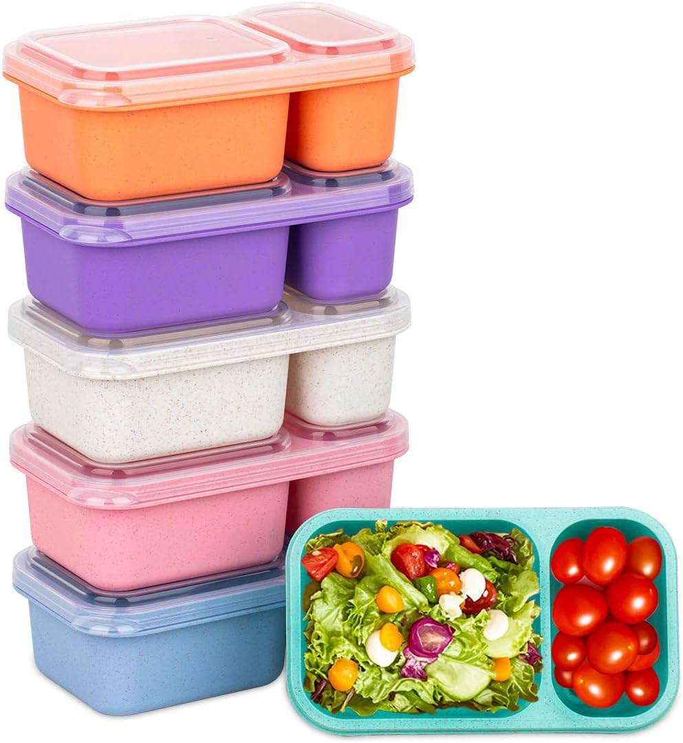 DOSEWART 6 Color 2-Compartment Reusable Snack Containers with Lids | Wheat Straw Reusable Snack Packs for Meal Prep Food Storage on-the-go Snacking