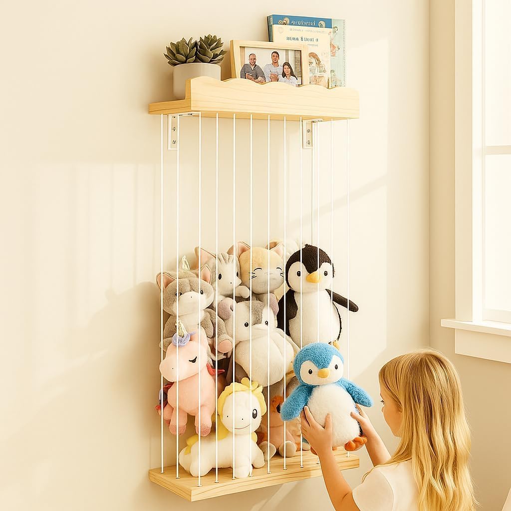 Adjustable Stuffed Animal Storage with Shelf (Patented) – Large Wooden Hanging Plush Toy Organizer – Corner Stuffy Animals Hammock Net Holder for Kids Room, Nursery, Bedroom