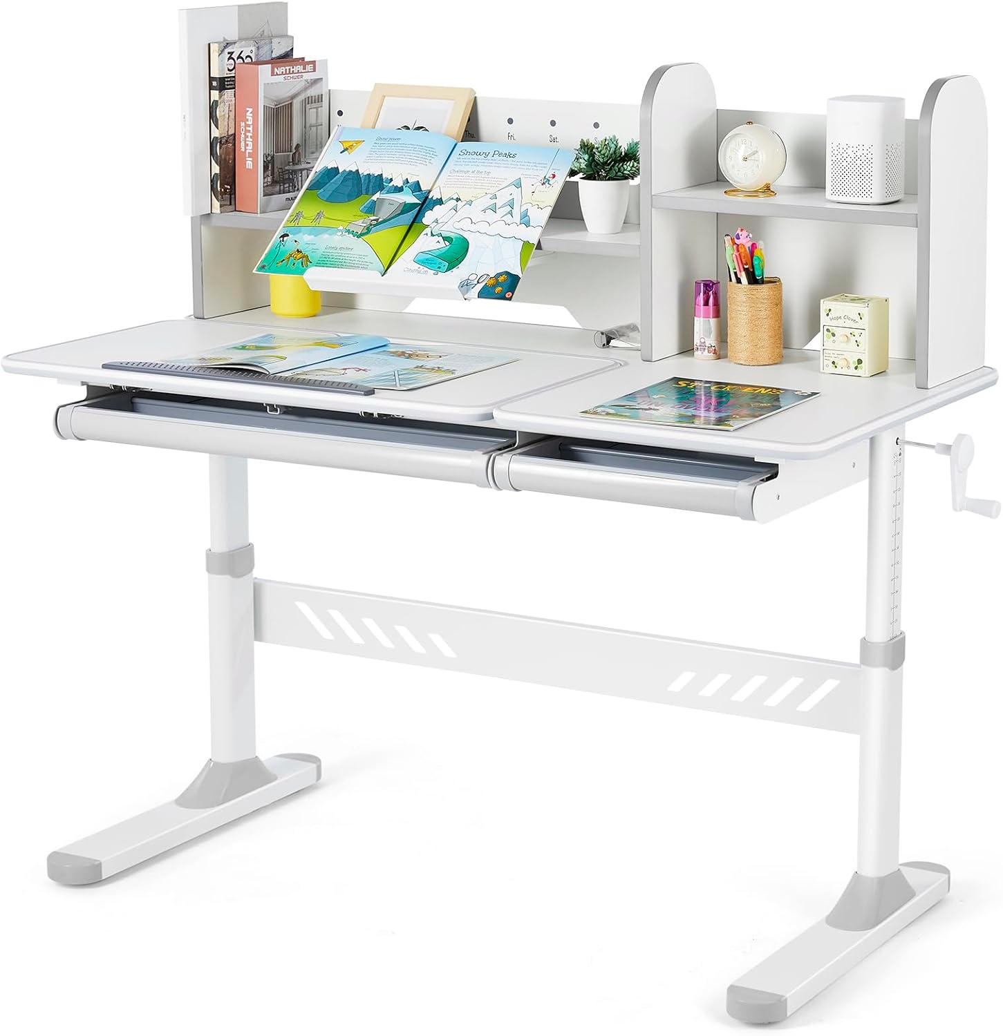 COSVALVE 47” Adjustable Kids Desk with Hutch, Storage Drawers & Bookstand | Multifunction Ergonomic Study Table with 50° Tilt Desktop,Height Adjust for Age 5+ Girls Boys Reading Drawing Home School Use