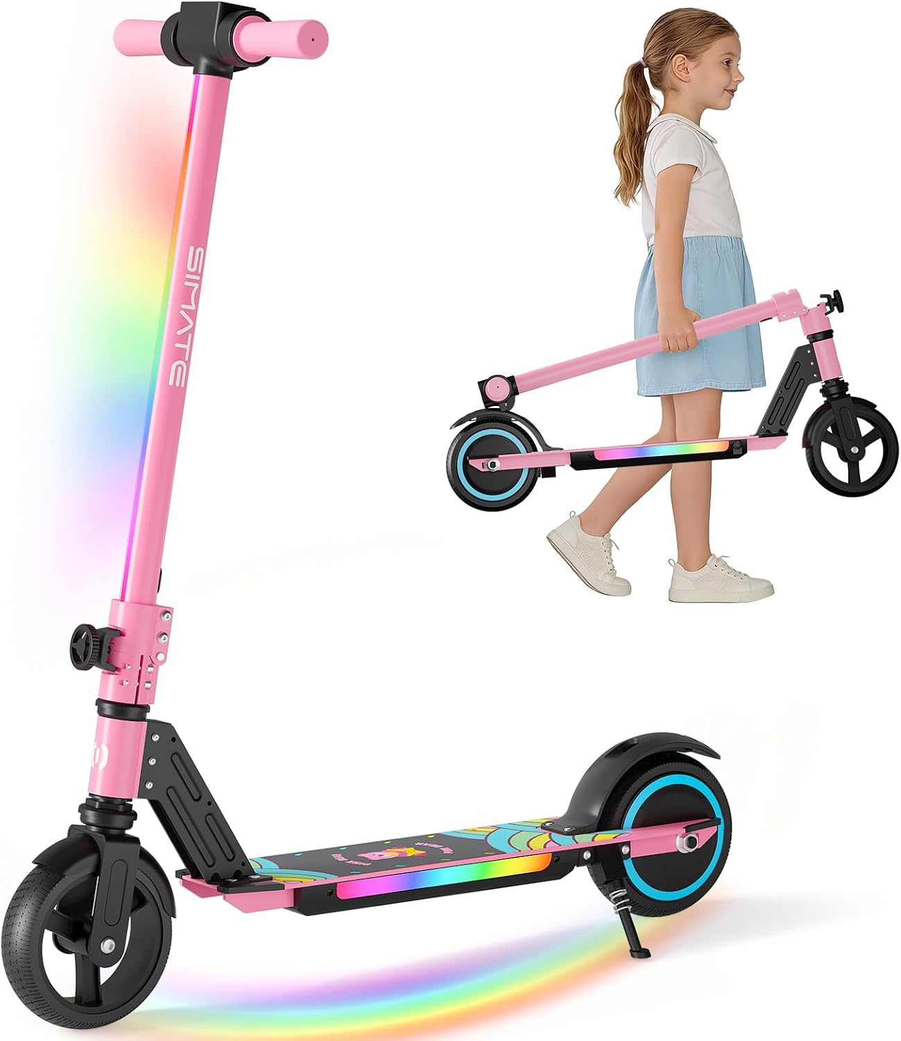 SIMATE Electric Scooter for Kids 6-14, e Kick Scooter with LED Display and Colorful Lights, Adjustable Height and Foldable, Double Brake, Gifts for Kids Girls Boys