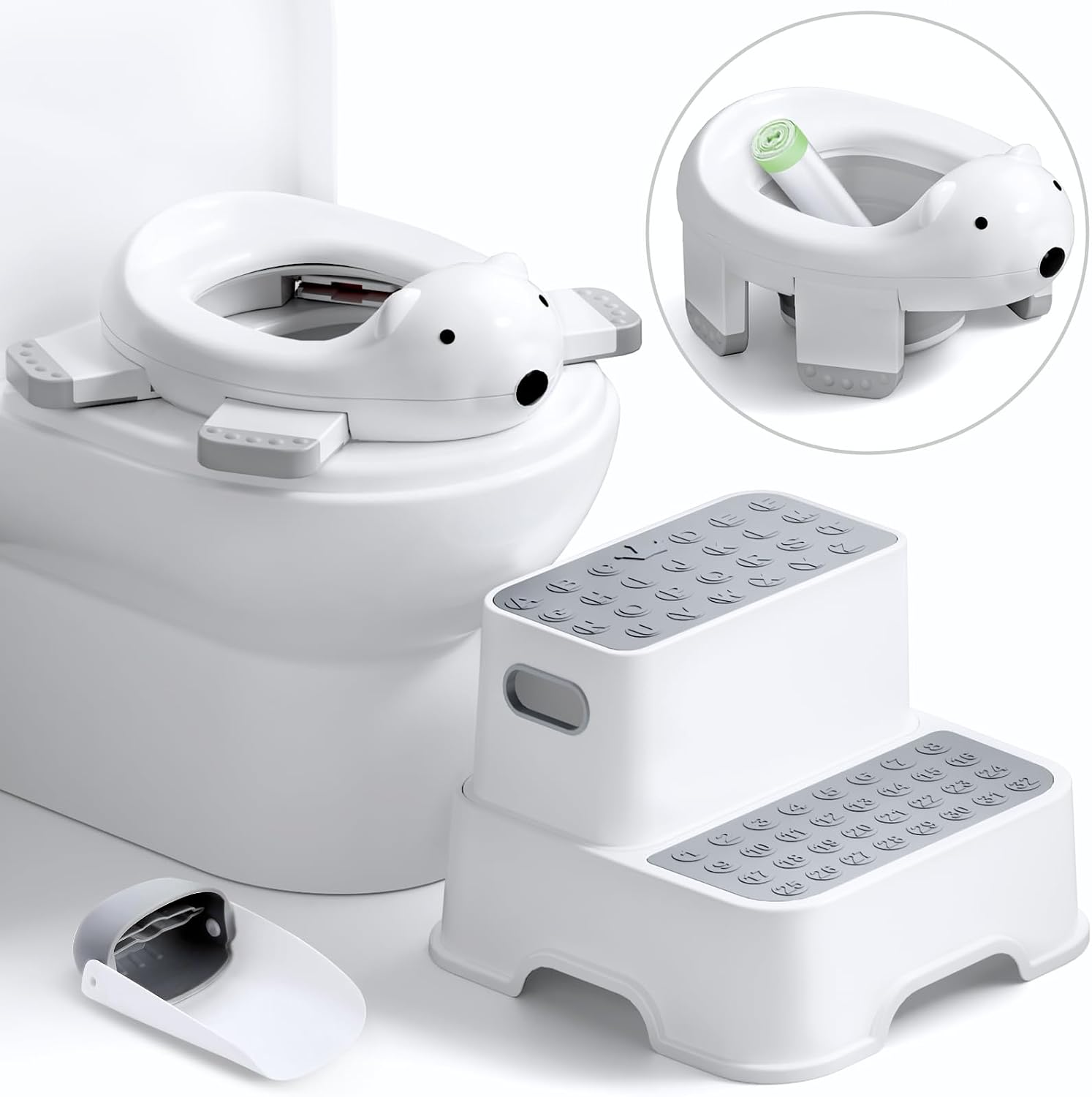 Bunwag Baby Potty Training Seat with Step Stool, Potty Training Toilet for Baby to Toddler with Trash Bags and Spout Extender, Kids Portable Potty and Step Stool Set
