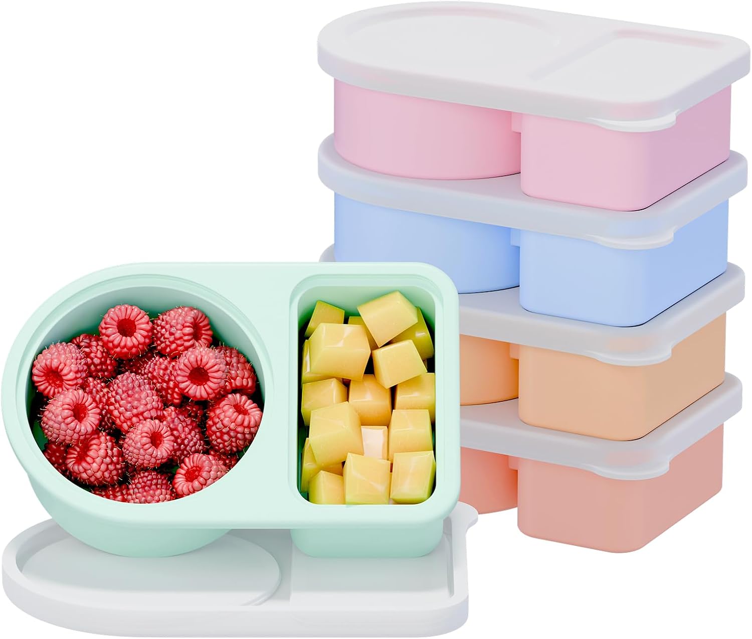 5 Pack Silicone Snack Containers with Lids, Reusable Snackle Box, 8 oz | 2 Compartments, Rainbow