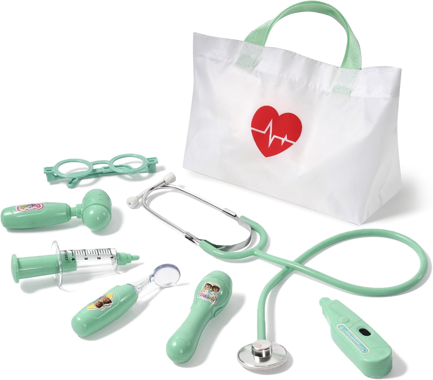 Phobby Doctor Kit Toy for Kids 3 4 5 6 Years Old, Green | Toddler Pretend Medical Kit with Real Stethoscope, Storage Bag, Light & Sound Effect, Girls Boys Birthday Gift, 8 Pcs